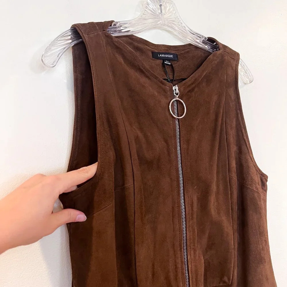 Lamarque 100% Leather Brown Suede Zip Front Structured Bohemian Mini Dress M - Picture 3 of 8